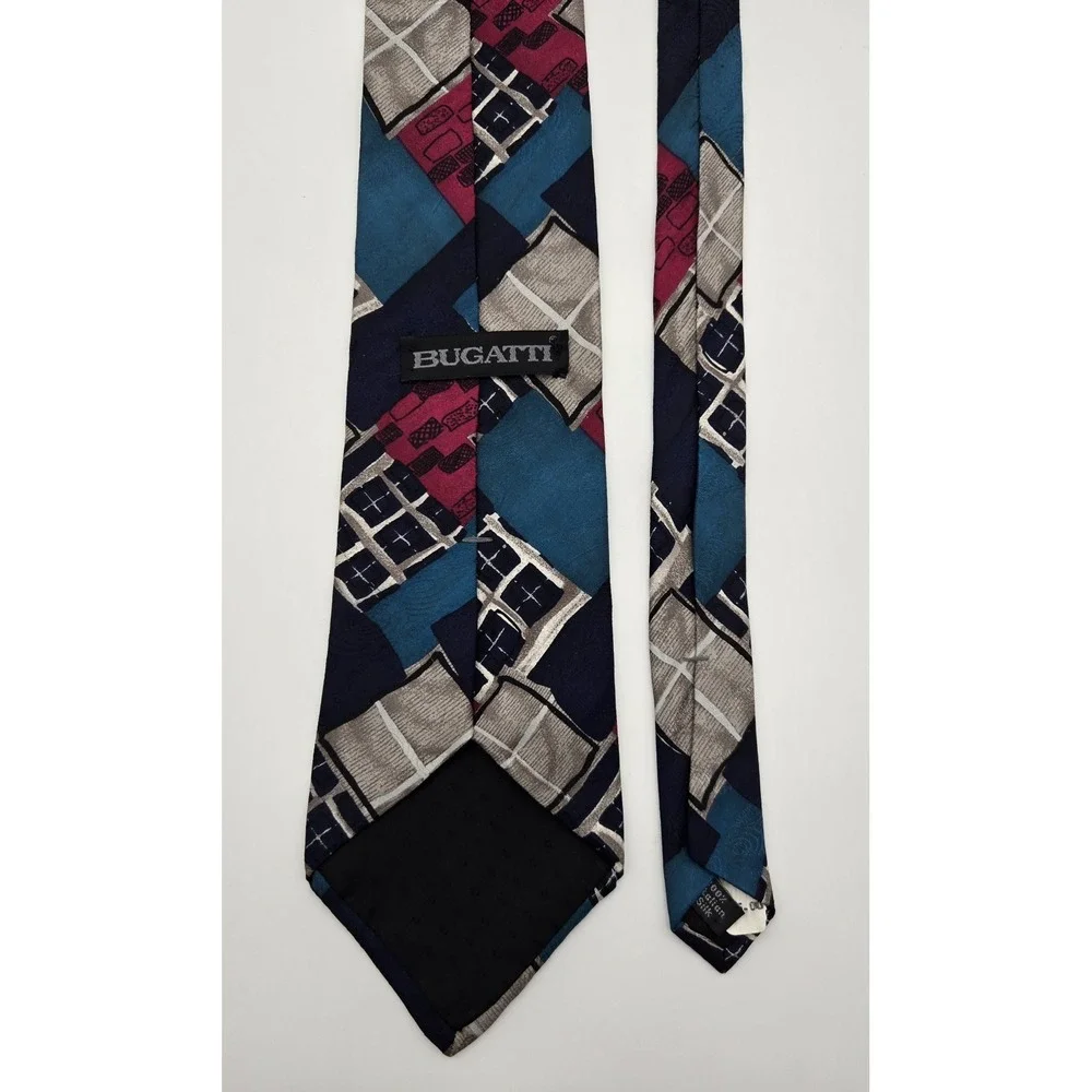 Bugatti Silk Neck Tie‎ Mens Vintage Abstract Geometric Blue Red Dress Tie